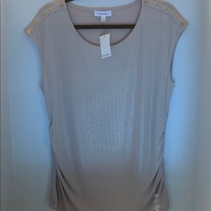 Calvin Klein Beige Metallic Cap-Sleeve Blouse with Gold Buttons